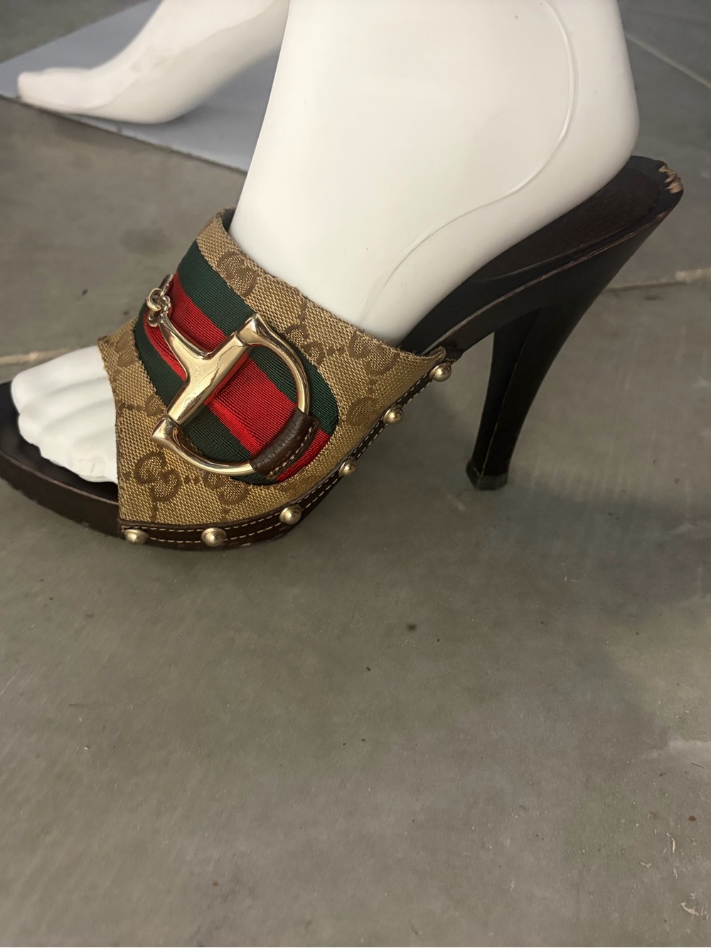 Gucci Tan Canvas Mules with Red & Green Stripe and Gold Horsebit - Picture 3 of 8